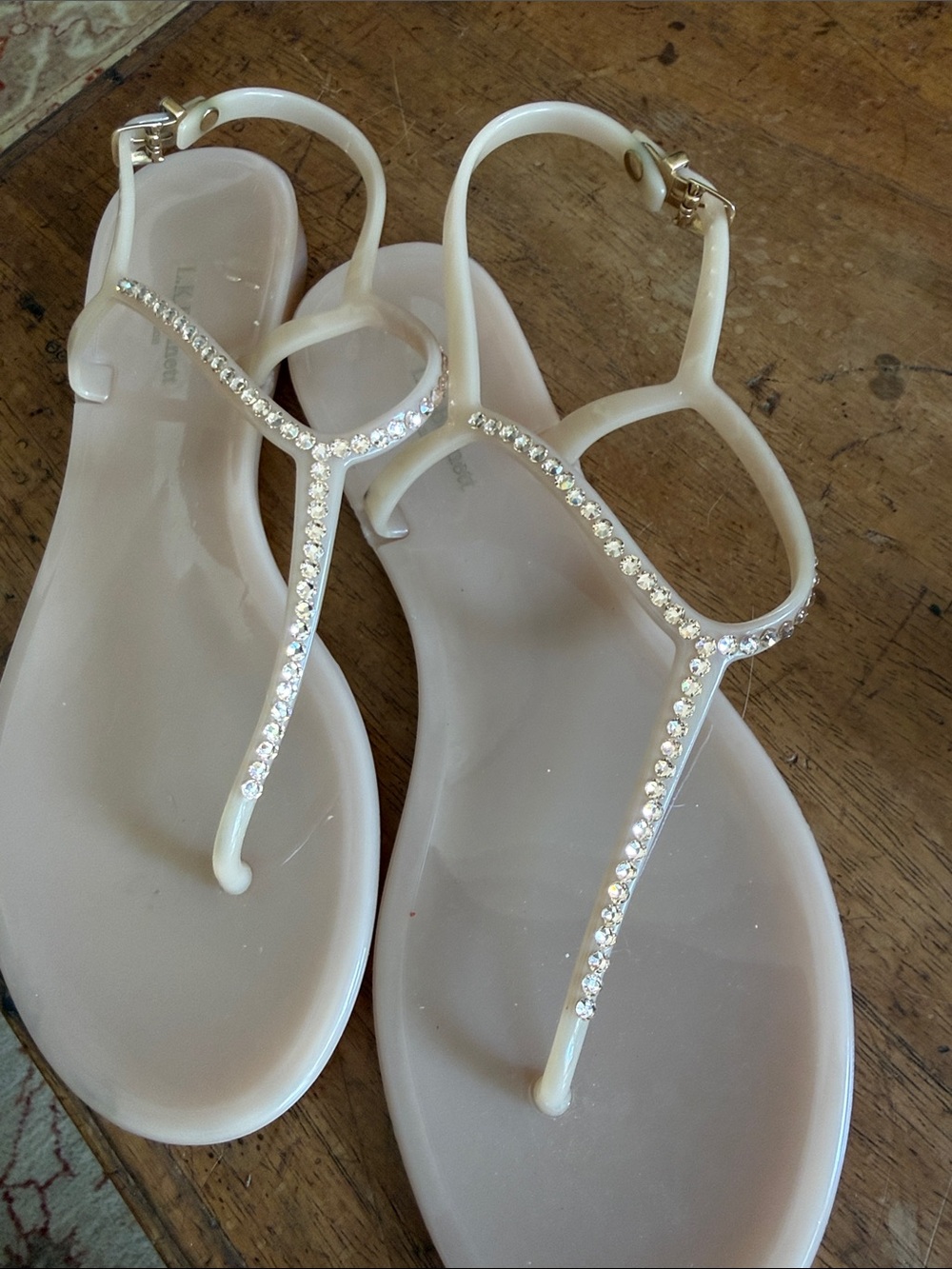 Embellished T-Strap Jelly Sandals in Nude